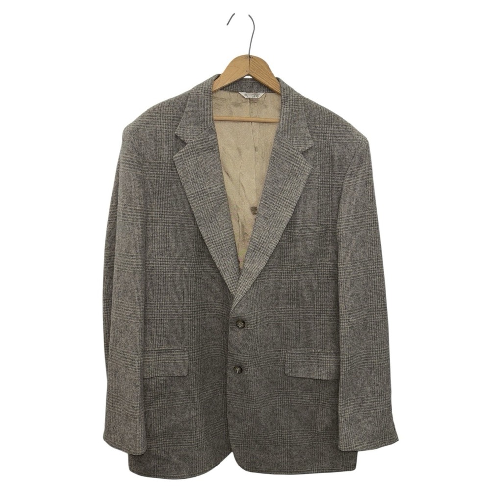 VTG 70s McRae's 100% Wool Grey Plaid 44L Sport‎ Coat Blazer USA Made Tweed Prep